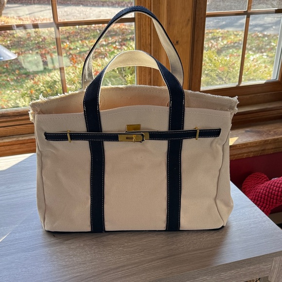 Boatkin Bag. Natural canvas with navy blue straps Tote Bag. - Picture 2 of 5